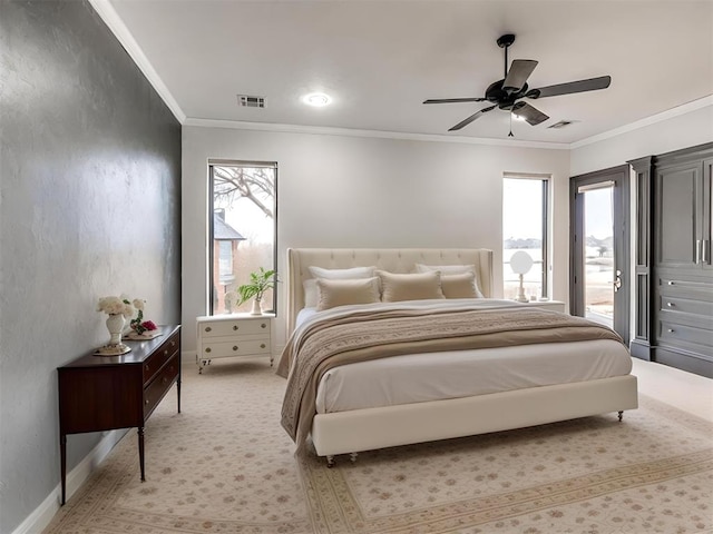 bedroom featuring ceiling fan, light colored carpet, ornamental molding, and access to outside