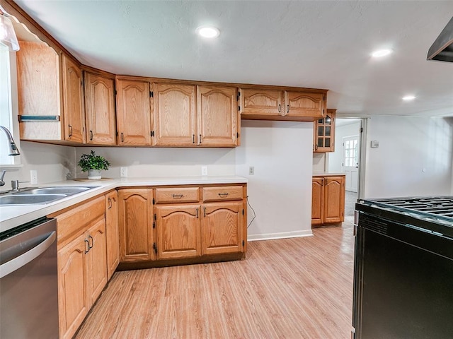 kitchen with range, dishwasher, sink, and light hardwood / wood-style flooring