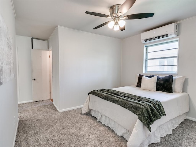 carpeted bedroom with ceiling fan and a wall mounted AC