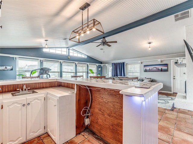 kitchen featuring sink, white cabinetry, hanging light fixtures, vaulted ceiling with beams, and kitchen peninsula