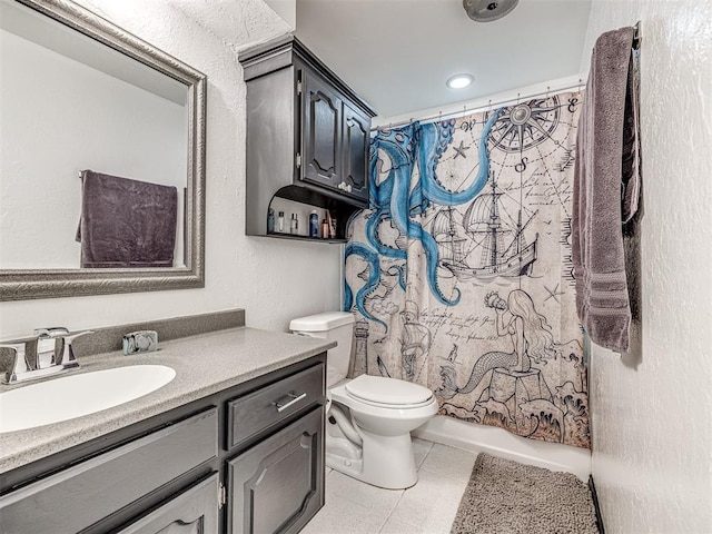 full bathroom with vanity, tile patterned floors, toilet, and shower / bathtub combination with curtain