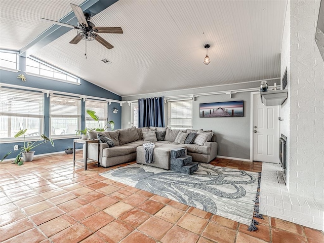 living room with vaulted ceiling with beams and ceiling fan