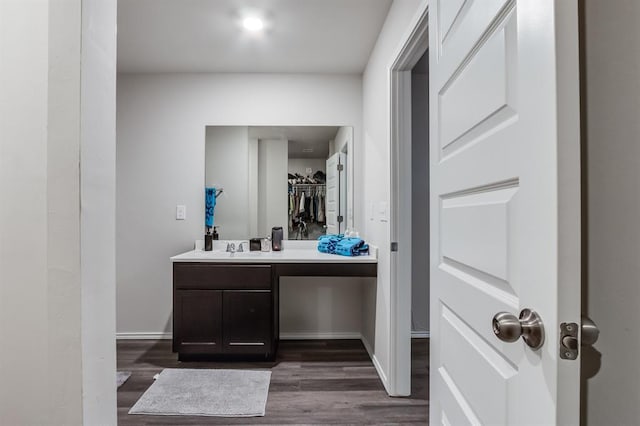 bathroom with hardwood / wood-style flooring and vanity