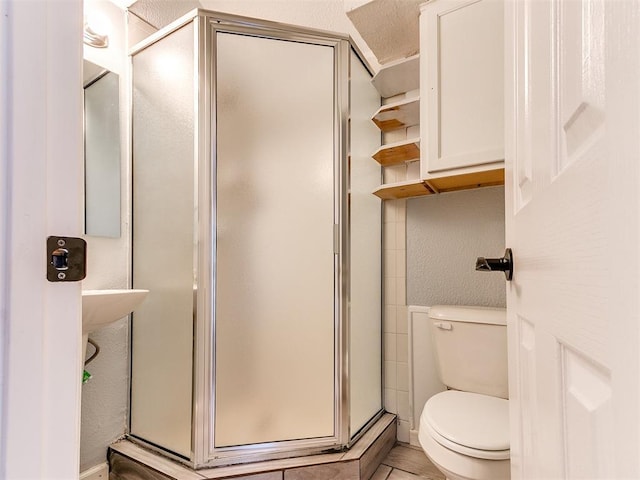 bathroom featuring a shower stall and toilet