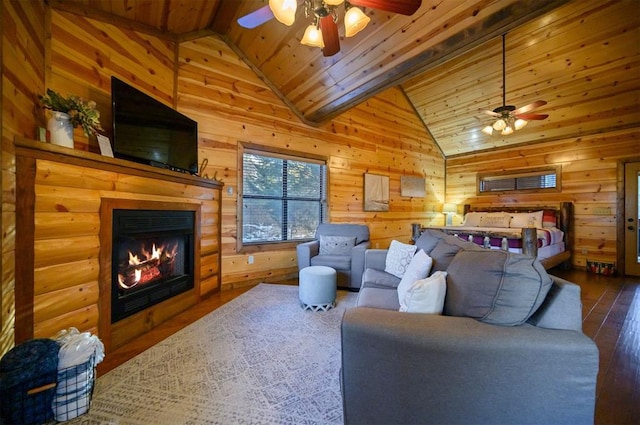 bedroom featuring hardwood / wood-style floors, wood ceiling, wooden walls, and high vaulted ceiling