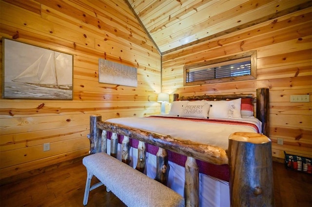 bedroom featuring dark hardwood / wood-style floors, wood ceiling, lofted ceiling, and wooden walls