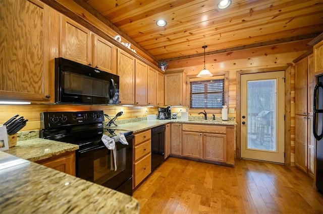 kitchen with wood ceiling, hanging light fixtures, light stone countertops, black appliances, and light wood-type flooring