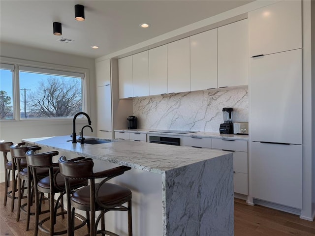 kitchen with white cabinetry, sink, and a kitchen island with sink