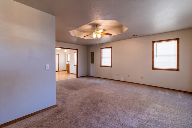 spare room featuring a tray ceiling, light colored carpet, ceiling fan, and electric panel