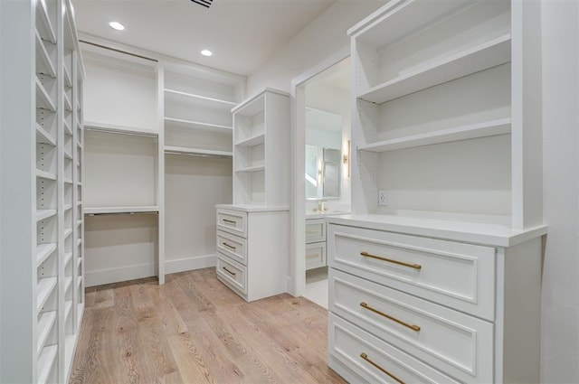 spacious closet with sink and light hardwood / wood-style floors