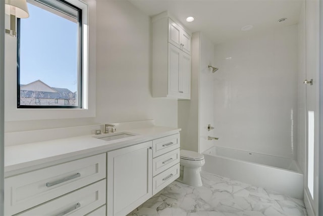 full bathroom featuring  shower combination, toilet, and vanity