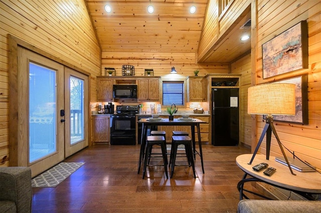 kitchen with french doors, wood ceiling, high vaulted ceiling, dark hardwood / wood-style floors, and black appliances