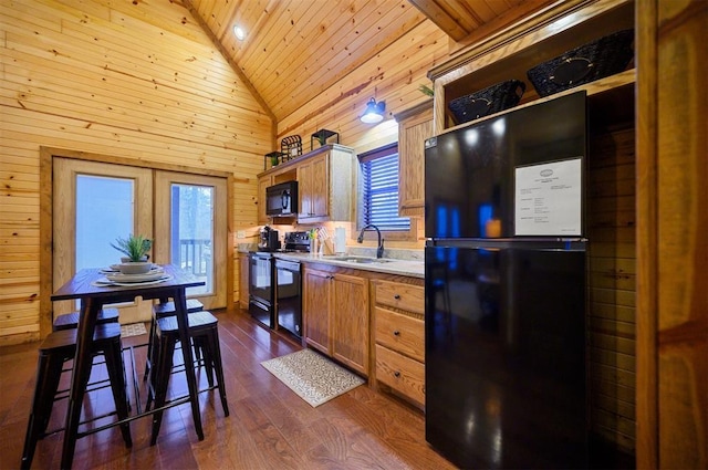 kitchen with dark hardwood / wood-style floors, wood walls, sink, wood ceiling, and black appliances