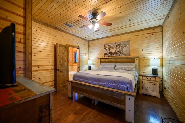 bedroom featuring ceiling fan, dark hardwood / wood-style flooring, wood ceiling, and wood walls