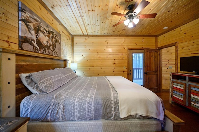 bedroom featuring wood ceiling, wooden walls, and ceiling fan