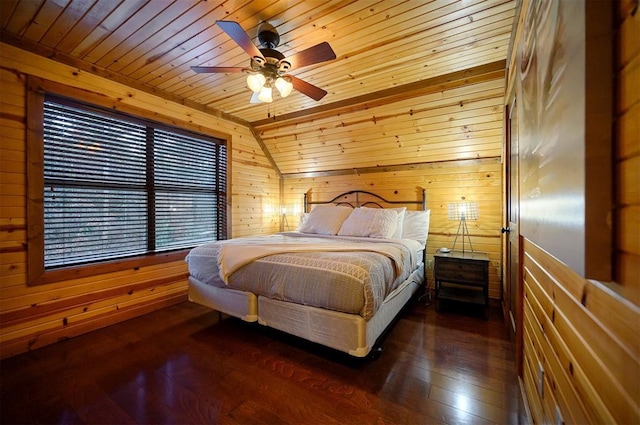 bedroom featuring dark wood-type flooring, wood walls, wood ceiling, vaulted ceiling, and ceiling fan