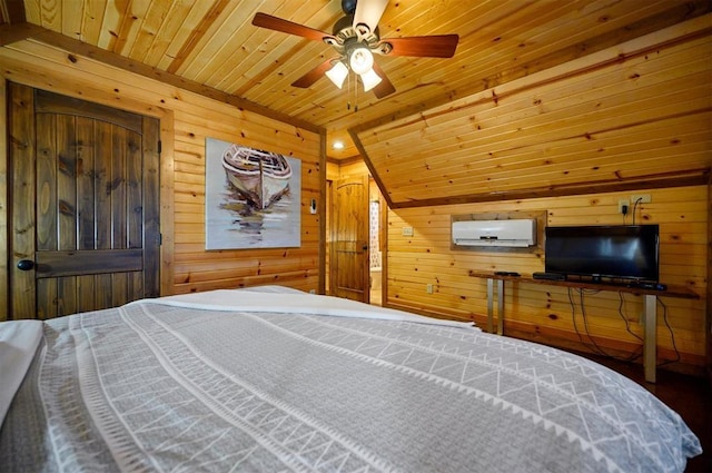 bedroom featuring ceiling fan, wooden walls, a wall mounted air conditioner, vaulted ceiling, and wooden ceiling