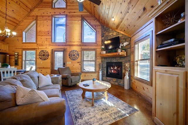 living room featuring wood ceiling, high vaulted ceiling, and wood walls