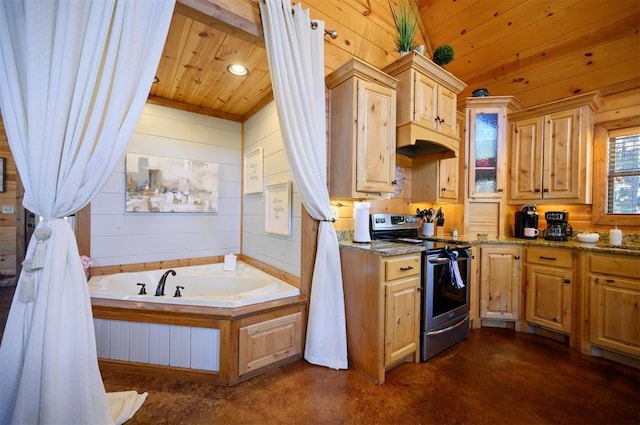 kitchen with stainless steel range with electric cooktop, wood ceiling, light brown cabinets, wooden walls, and stone counters