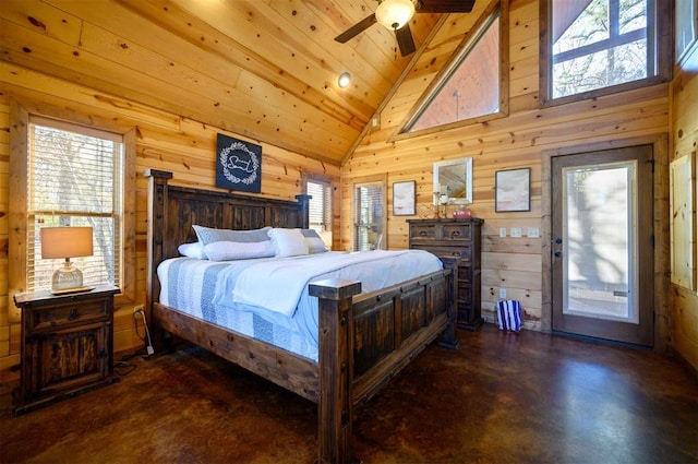 bedroom featuring high vaulted ceiling, wood walls, access to exterior, ceiling fan, and wooden ceiling