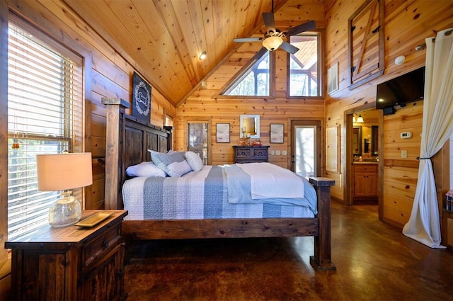 bedroom with ensuite bathroom, high vaulted ceiling, wooden walls, ceiling fan, and wood ceiling