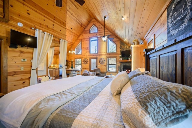 bedroom with wooden walls, high vaulted ceiling, a stone fireplace, and wooden ceiling