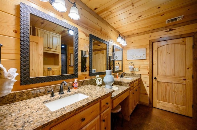 bathroom with vanity, wooden ceiling, and wood walls