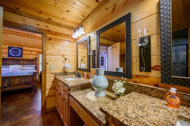 bathroom with vanity, wooden walls, and wooden ceiling