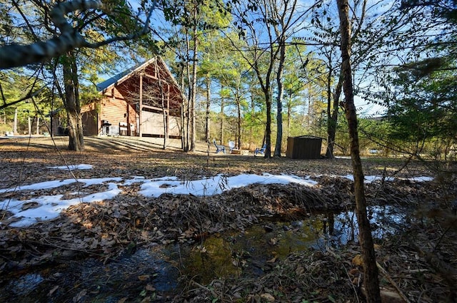 view of yard featuring a storage unit