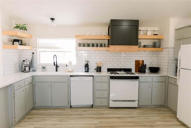 kitchen with sink, white appliances, and backsplash