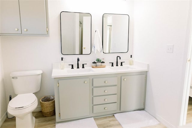 bathroom featuring vanity, wood-type flooring, and toilet