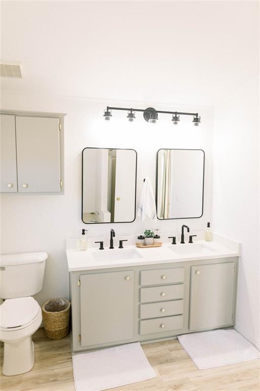 bathroom featuring vanity, toilet, and wood-type flooring