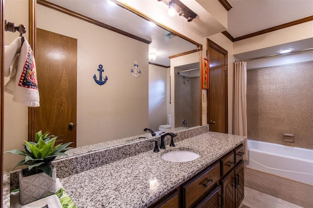 full bathroom featuring visible vents, crown molding, shower / bath combo with shower curtain, toilet, and vanity