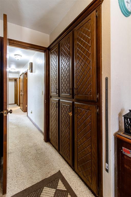 hall with baseboards and light carpet