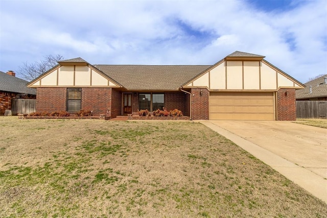 tudor house featuring concrete driveway, fence, brick siding, and a front lawn