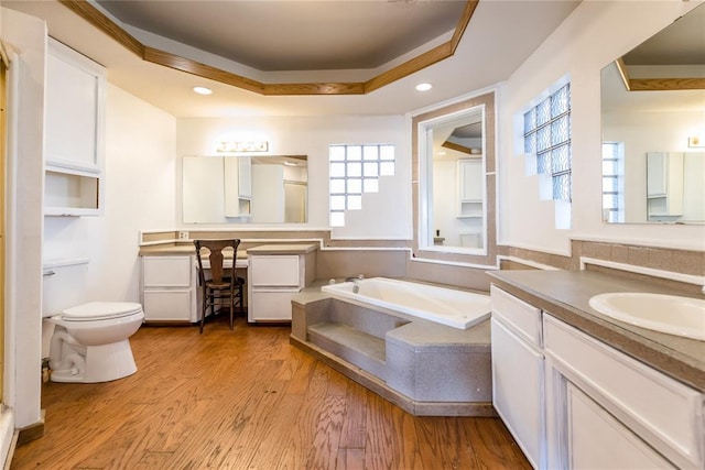 bathroom with hardwood / wood-style flooring, vanity, a bath, a tray ceiling, and toilet