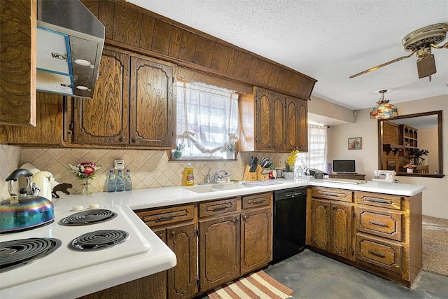 kitchen featuring black dishwasher, sink, backsplash, kitchen peninsula, and a textured ceiling