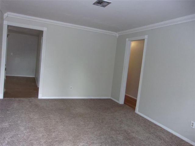 spare room with crown molding and carpet floors