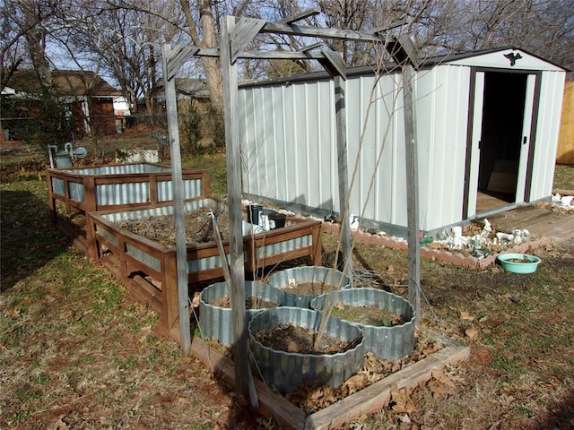 exterior space with a shed