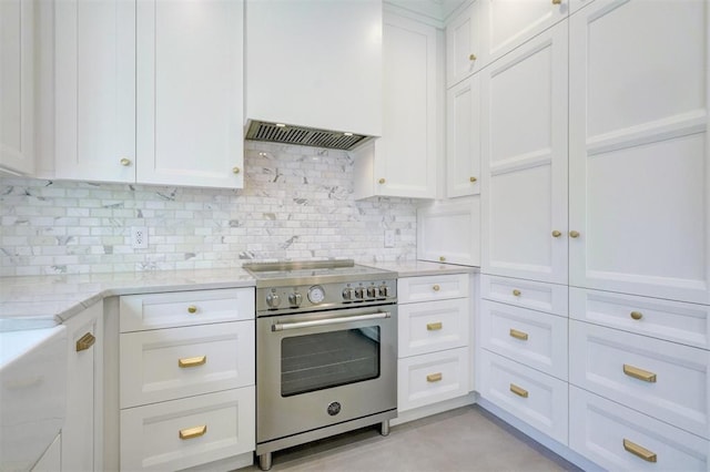 kitchen with white cabinets, tasteful backsplash, light stone countertops, and high end stainless steel range