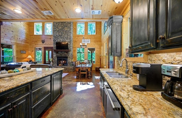 kitchen with wood ceiling, wooden walls, and plenty of natural light