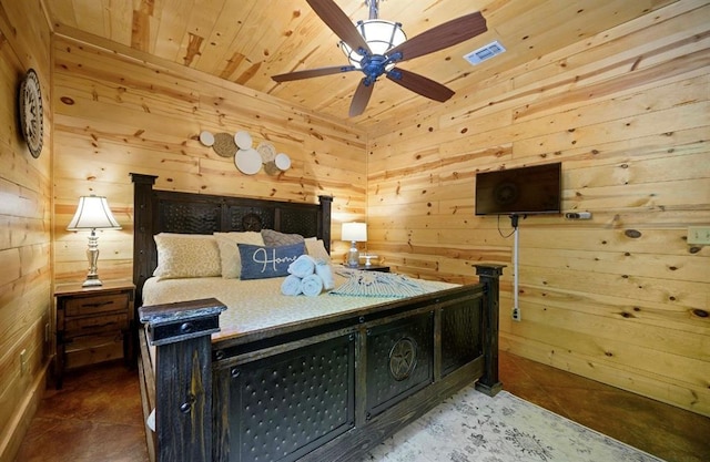 unfurnished bedroom with wood ceiling, wooden walls, and ceiling fan