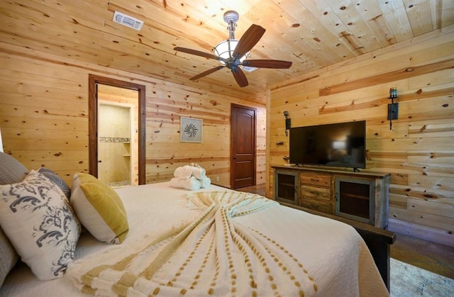 bedroom with wood ceiling, ceiling fan, and wood walls