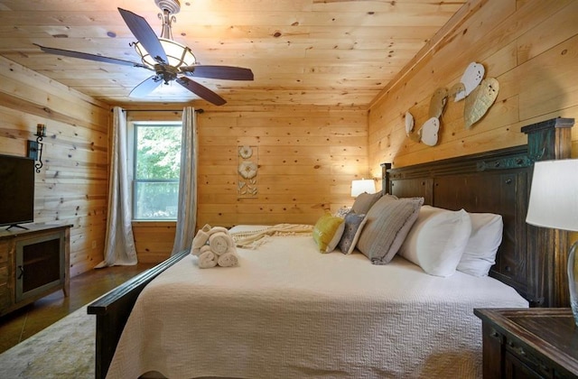 bedroom with wood ceiling, wooden walls, and ceiling fan