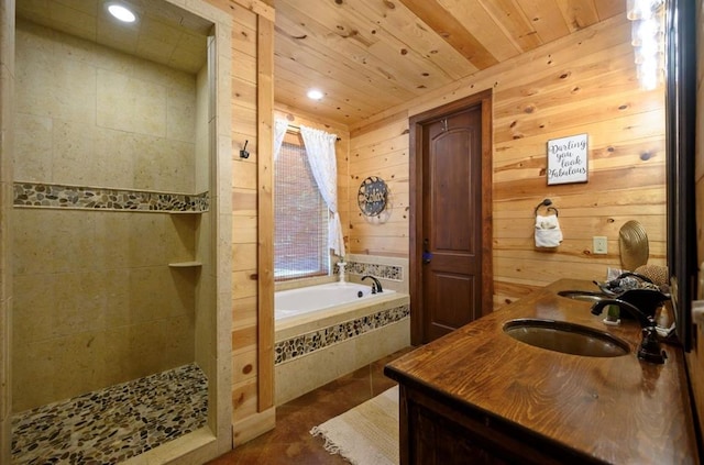 bathroom with plus walk in shower, vanity, wood ceiling, and wood walls