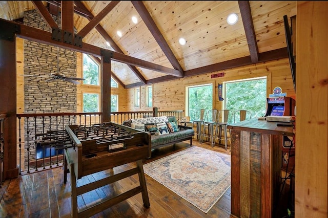 playroom with hardwood / wood-style flooring, wooden walls, beam ceiling, and wooden ceiling