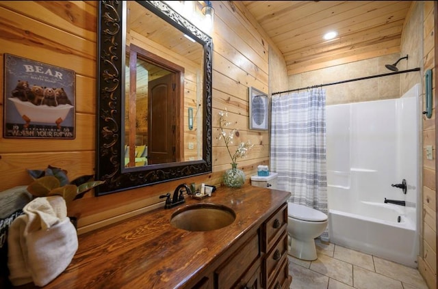 full bathroom with wooden walls, wooden ceiling, tile patterned floors, toilet, and shower / bath combo with shower curtain