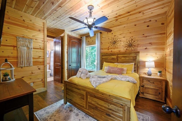 bedroom featuring ceiling fan, wooden ceiling, dark hardwood / wood-style flooring, and wood walls