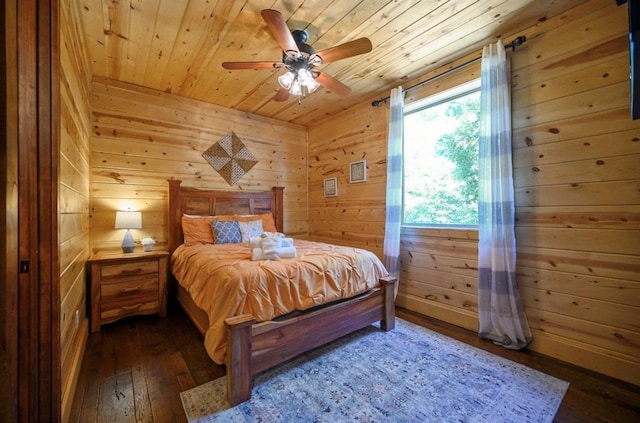 bedroom with wood ceiling, ceiling fan, dark hardwood / wood-style floors, and wood walls