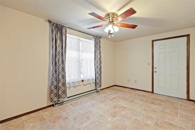 empty room with ceiling fan and a baseboard heating unit